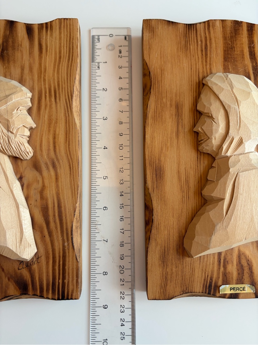 Signed R Audet Quebec Folk Art Wood Carving Pair MCM Rustic Wall Plaque Love - Picture 12 of 13